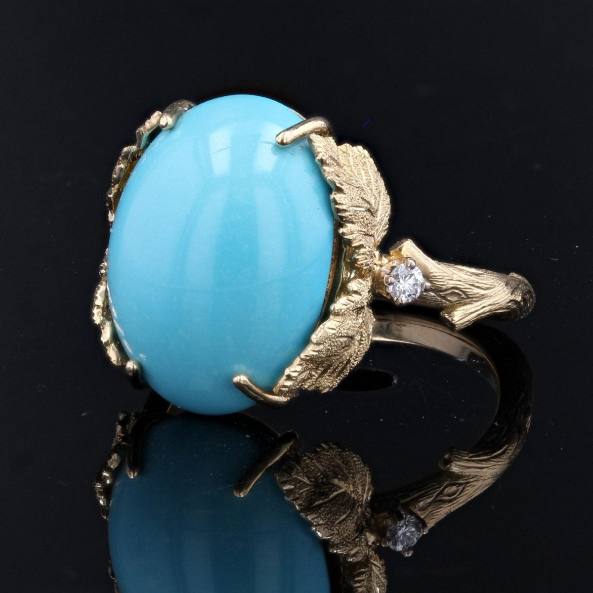 Bague Turquoise Diamants Monture Feuillagée-photo-4