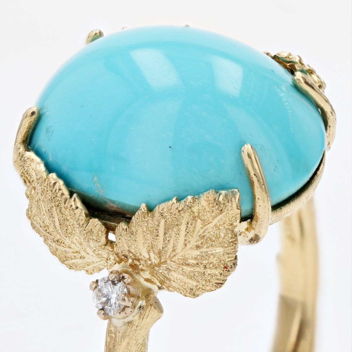 Bague Turquoise Diamants Monture Feuillagée-photo-3