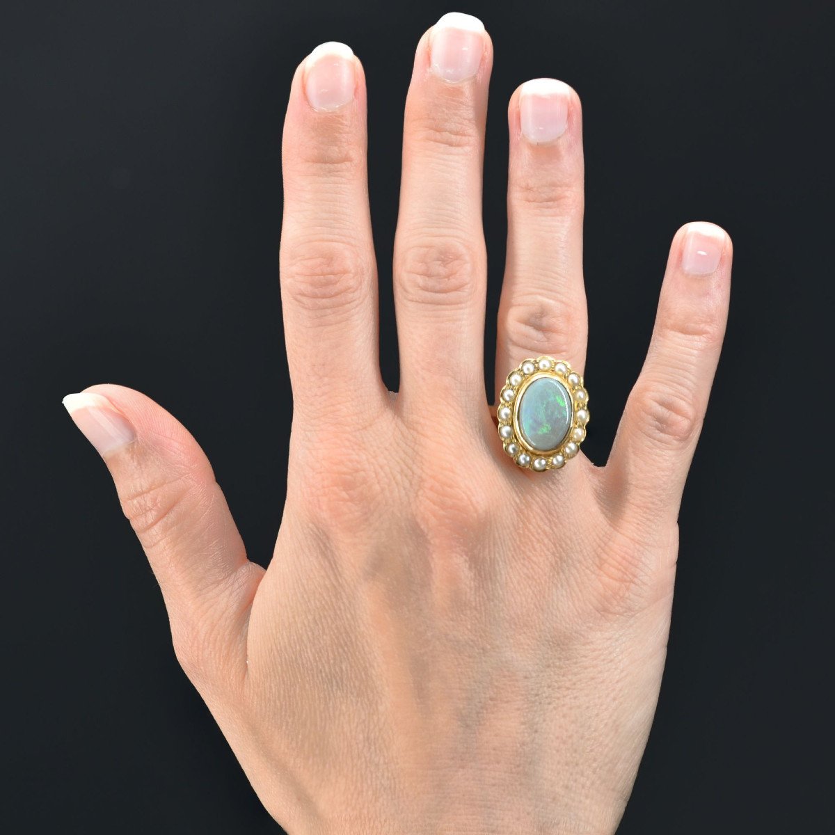 Opal And Pearl Ring On Yellow Gold-photo-2