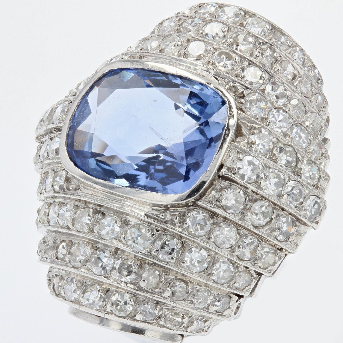 Bague Art Déco Saphir De Ceylan Et Diamants-photo-4