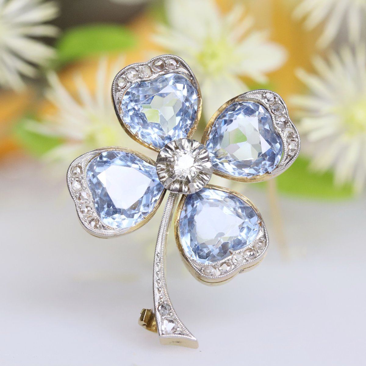 Old Brooch Clover Spinels And Diamonds-photo-3
