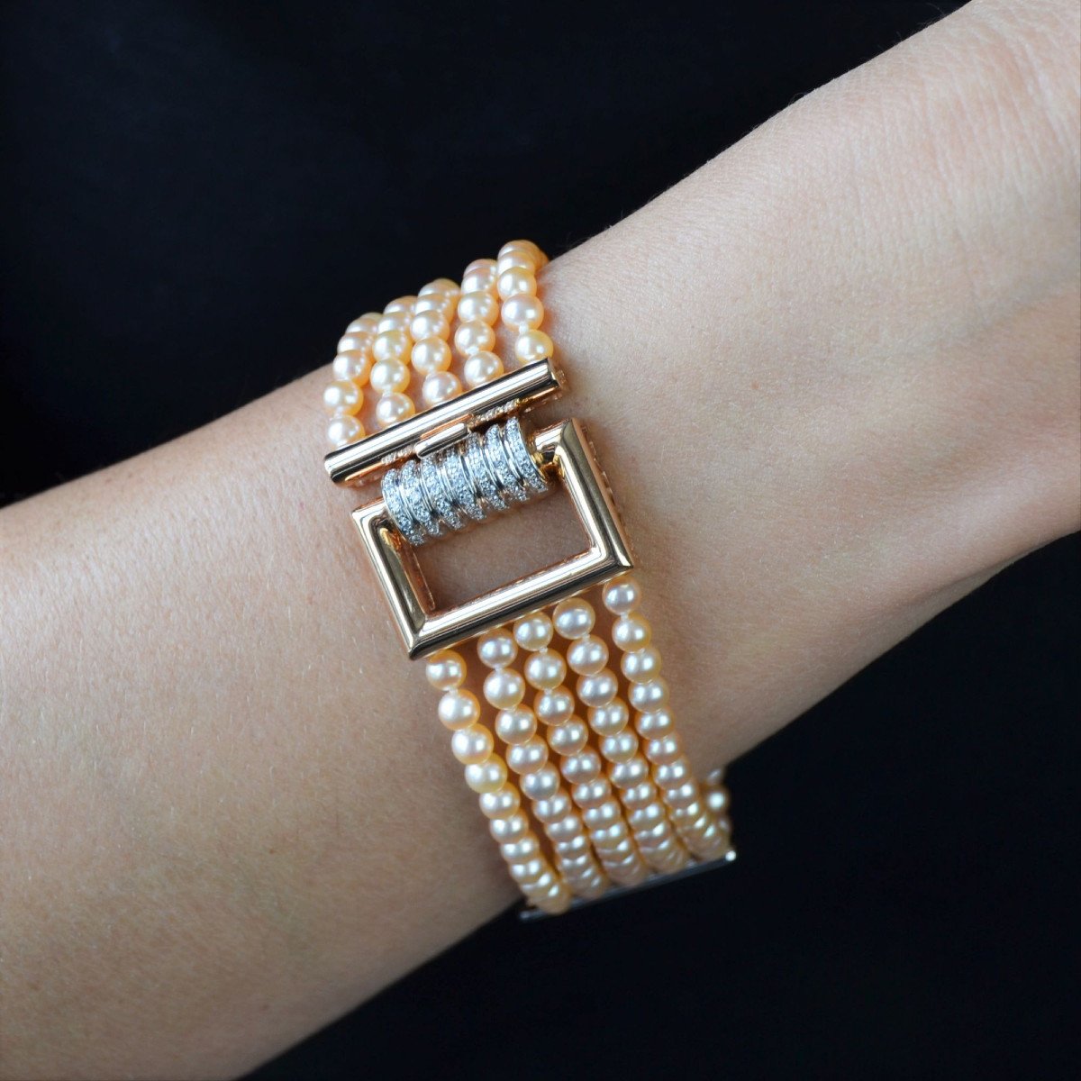 Bracelet With Pink Cultured Pearls, Diamonds And Rose Gold-photo-2