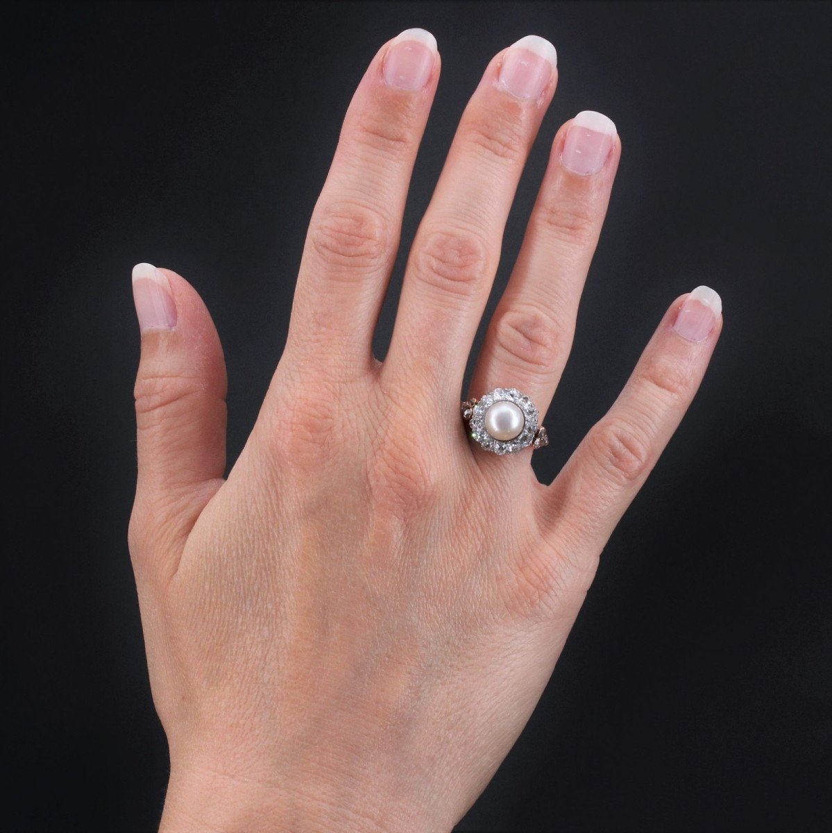 Antique Fine Diamond Pearl Ring In Daisy-photo-2