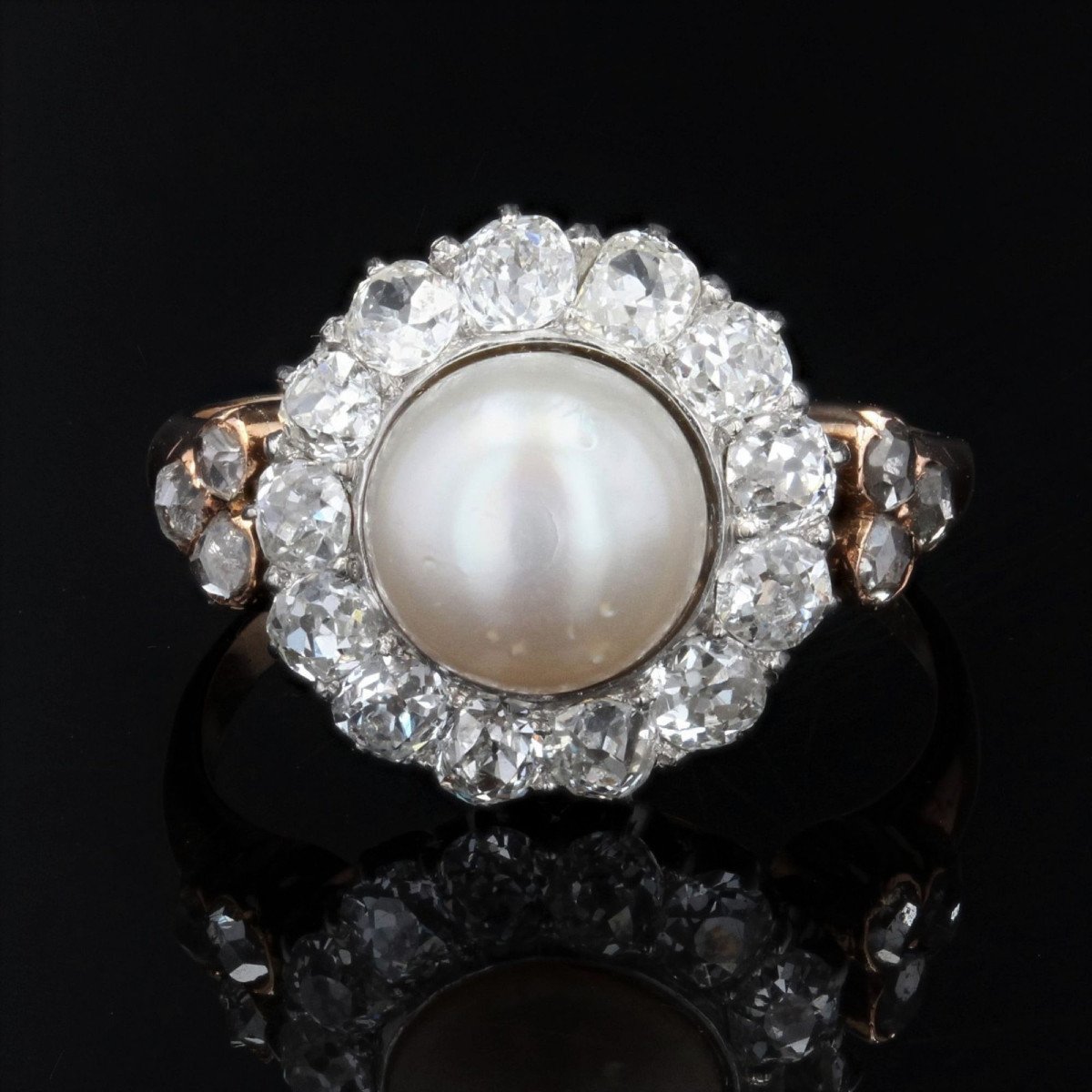 Bague Perle Fine Diamants Ancienne En Marguerite-photo-3