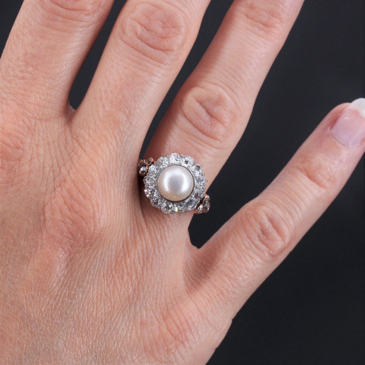 Antique Fine Diamond Pearl Ring In Daisy-photo-3