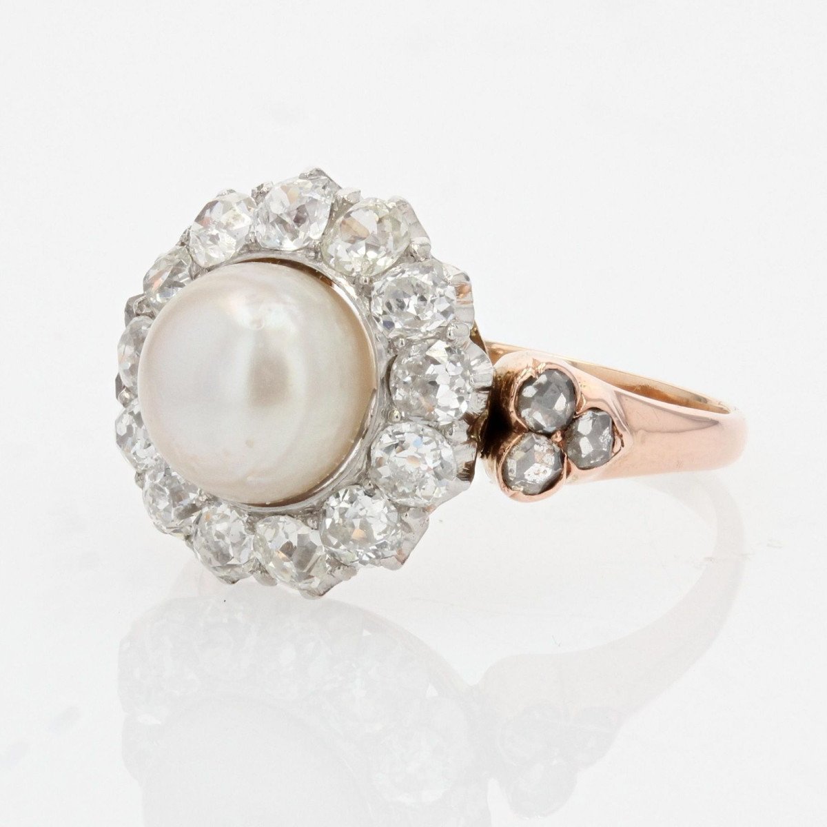 Antique Fine Diamond Pearl Ring In Daisy-photo-4