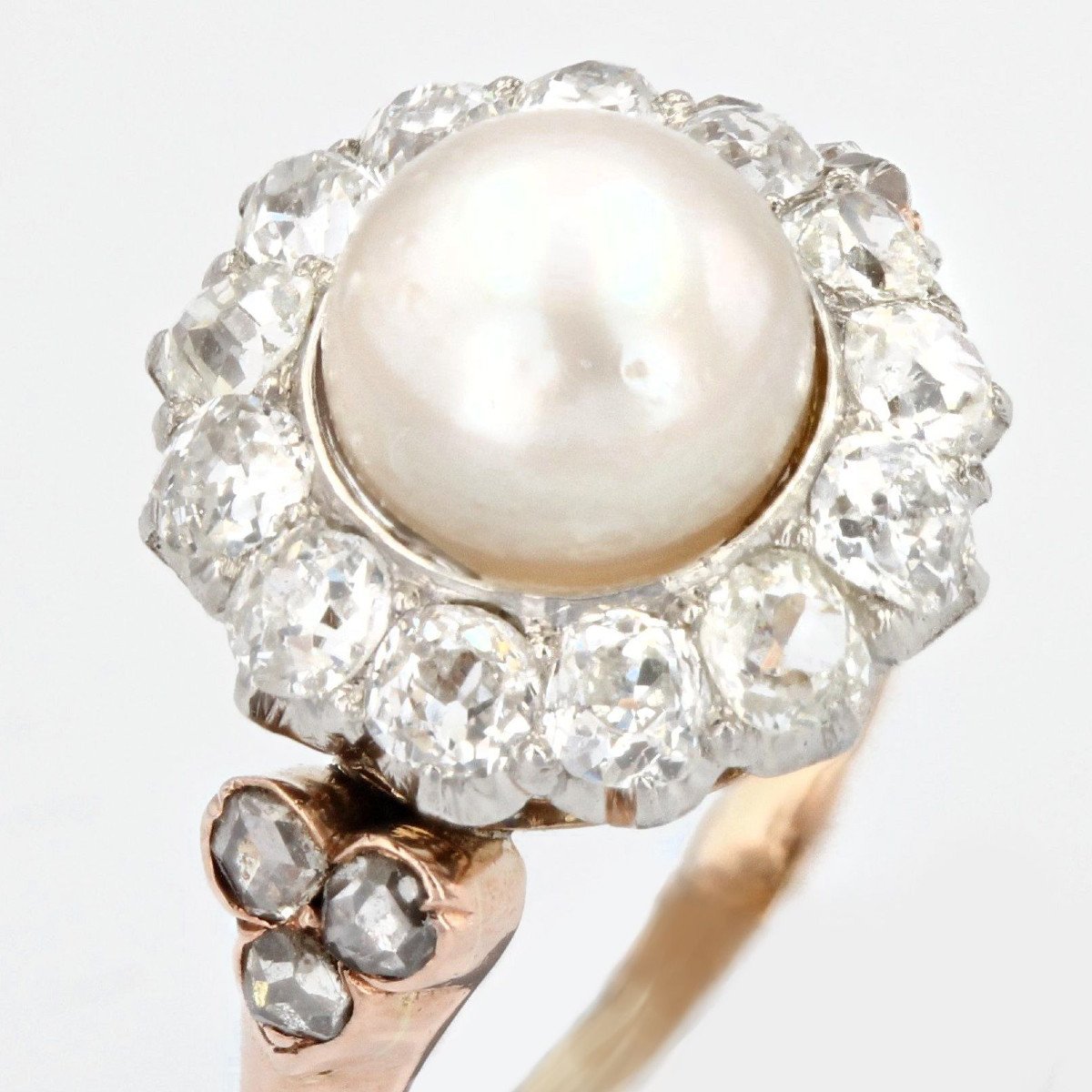 Antique Fine Diamond Pearl Ring In Daisy-photo-5