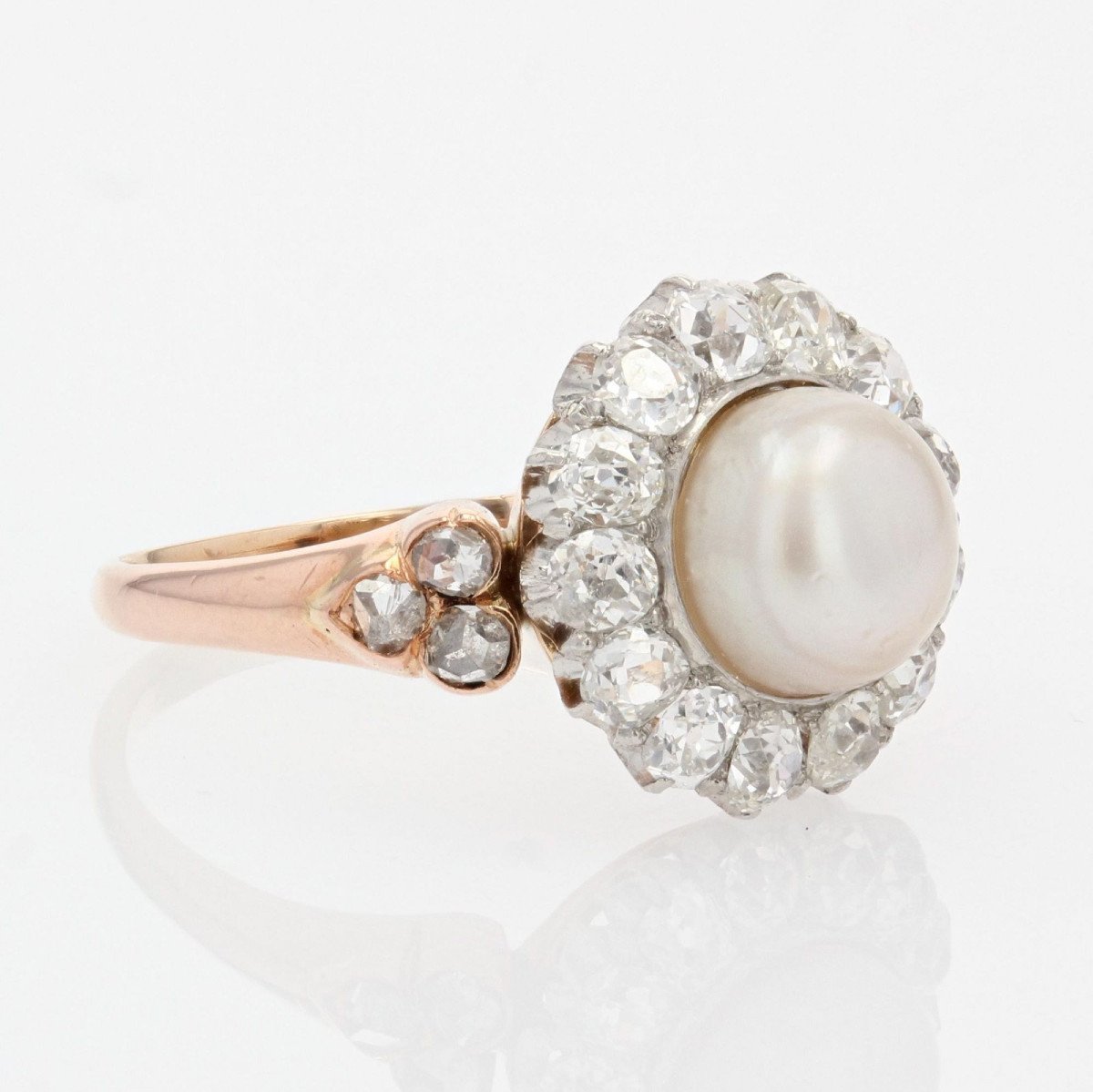 Bague Perle Fine Diamants Ancienne En Marguerite-photo-6