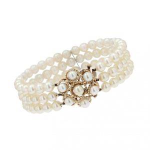 3 Row Pearl Bracelet And Flower Clasp