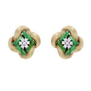 Boucles d'Oreilles émail Vert Diamants Et Or Jaune