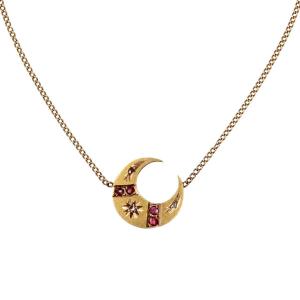 Old Gold Crescent Necklace With Red Stones And Diamonds