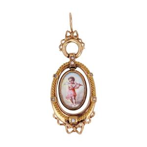 Pendentif Ancien Miniature Sur Nacre Et Perles Fines