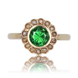 Old Green Garnet And Fine Pearl Ring