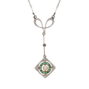 Antique Art Deco Fine Pearl Emerald Diamond Pendant