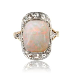 Old White Opal And Diamond Ring