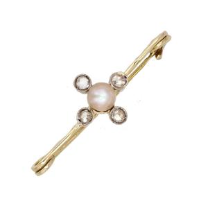 Broche Barrette Perle Fines Et Diamants Taillés En Rose