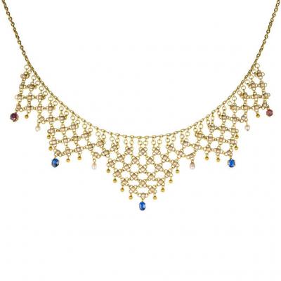 Collier Ancien Draperie Or Saphirs Rubis Et Perles Or Jaune 18 Carats