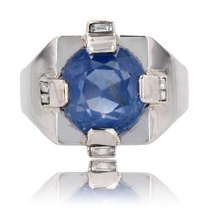 Art Deco Natural Ceylon Sapphire And Baguette Diamonds Signet Ring