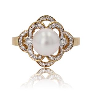 Akoya Cultured Pearl Ring And Its Openwork And Diamond Setting
