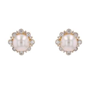 Boucles d'Oreilles Diamants Perle Akoya Or Jaune