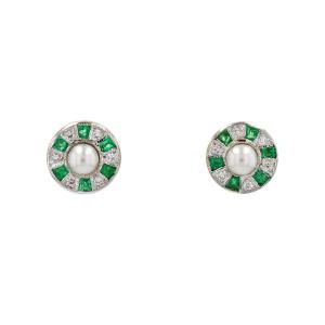 Boucles d'Oreilles Perles Diamants Et émeraudes Calibrées