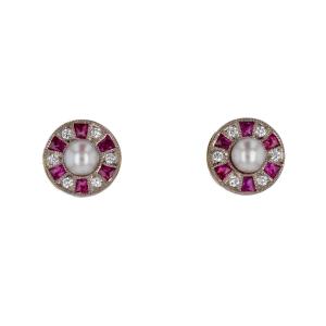 Boucles d'Oreilles Perles Diamants Et Rubis Calibrés