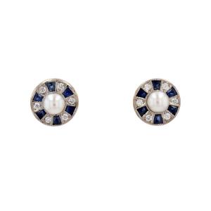 Boucles d'Oreilles Perles Diamants Et Saphirs Calibrés