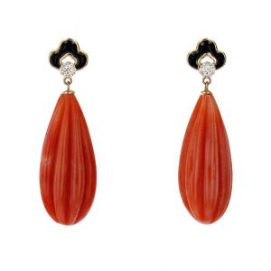 Coral Onyx And Diamond Drop Earrings