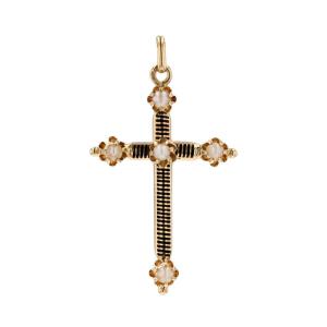 Old Cross Black Enamel Fine Pearls And Its Chain