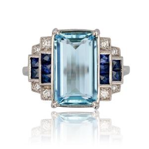 Art Deco Style Sapphire And Diamond Aquamarine Ring