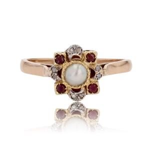 Old Fine Ruby Pearl And Rose Cut Diamond Ring