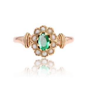 Antique Emerald Daisy And Fine Pearl Ring