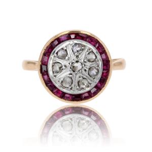 Antique Round Ring With Rose-cut Diamonds And Calibrated Rubies
