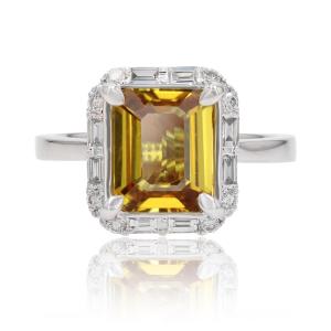 Rectangular Yellow Sapphire And Diamond Ring