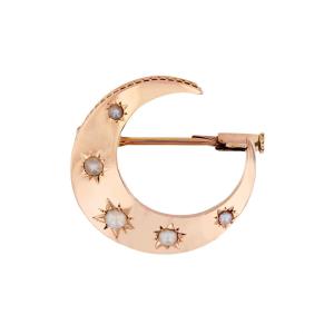Rose Gold And Pearl Crescent Moon Brooch