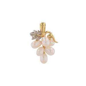 Yellow Gold Grape Cluster Pendant With Cultured Pearls And Diamond