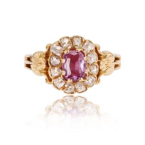 Bague ancienne marguerite saphir rose et diamants