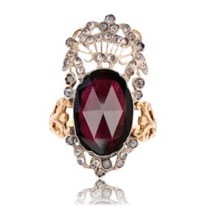 Antique Garden Ring With Rose-cut Garnet And Diamonds