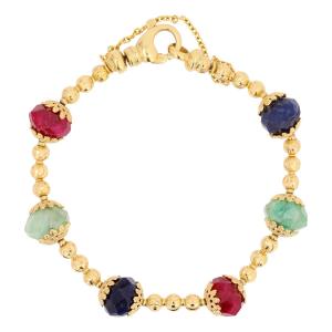 Yellow Gold Bracelet With Ruby, Sapphire, And Emerald Beads