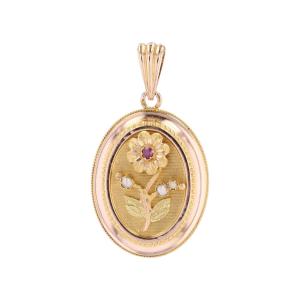 Antique Pansy Flower Medallion With Fine Pearls And Rubies