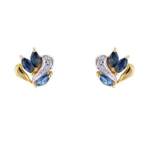 Earrings Yellow Gold Diamonds Sapphires Navette