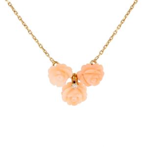 Trio Of Angel Skin Coral Roses And Yellow Gold Diamond Necklace