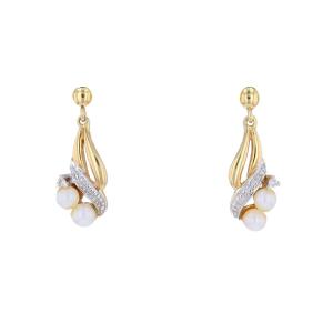 Modern Two Gold Diamond Cultured Pearl Earrings