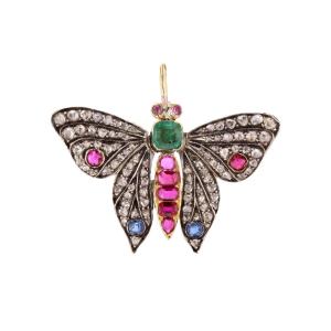 Pendentif papillon ancien diamants émeraude rubis saphirs