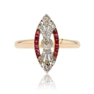 Bague art déco navette diamants et rubis