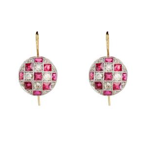 Boucles d'oreilles ancienne rondes diamants et rubis