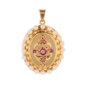 Cultured Pearl And Garnet Medallion Pendant