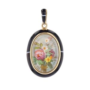 Ribbon Agate Medallion Pendant With Floral Miniature