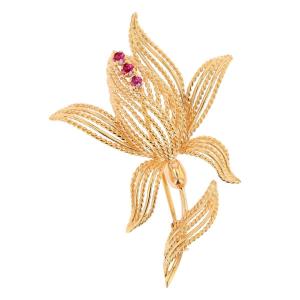 Broche vintage fleur or rubis de synthèse