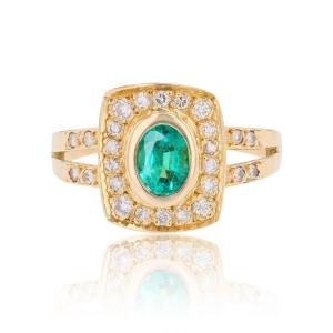 Bague or jaune émeraude diamants rectangulaire